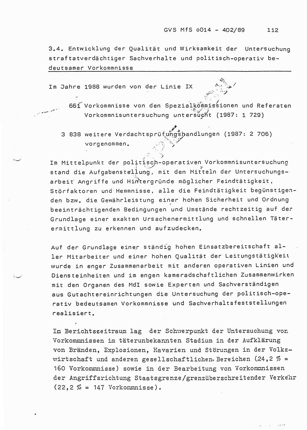 Jahresbericht der Hauptabteilung (HA) Ⅸ 1988, Einschätzung der Wirksamkeit der Untersuchungsarbeit und Leitungstätigkeit im Jahre 1988, Ministerium für Staatssicherheit (MfS) der Deutschen Demokratischen Republik (DDR), Hauptabteilung Ⅸ, Geheime Verschlußsache (GVS) o014-402/89, Berlin 1989, Seite 112 (Einsch. MfS DDR HA Ⅸ GVS o014-402/89 1988, S. 112)