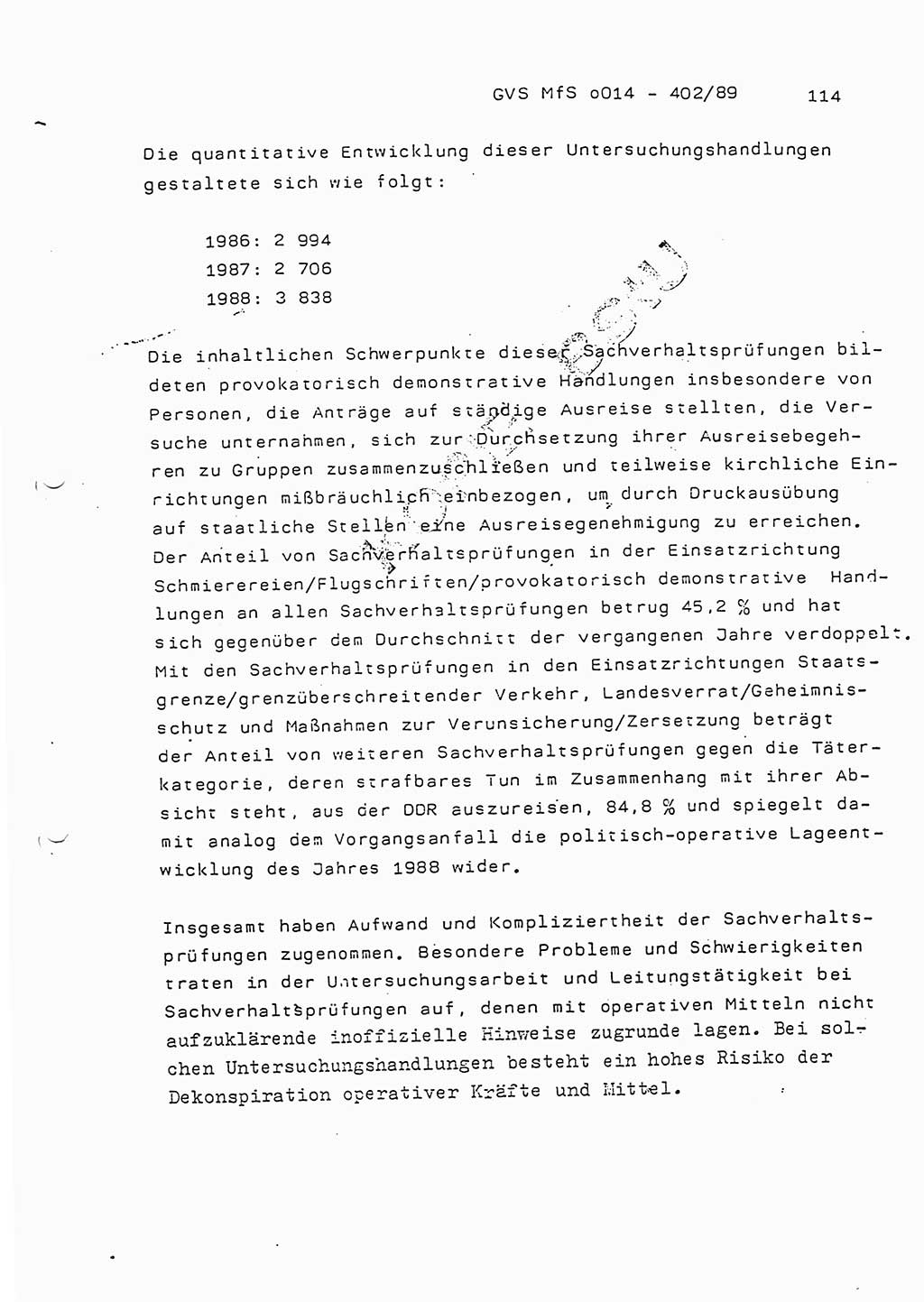 Jahresbericht der Hauptabteilung (HA) Ⅸ 1988, Einschätzung der Wirksamkeit der Untersuchungsarbeit und Leitungstätigkeit im Jahre 1988, Ministerium für Staatssicherheit (MfS) der Deutschen Demokratischen Republik (DDR), Hauptabteilung Ⅸ, Geheime Verschlußsache (GVS) o014-402/89, Berlin 1989, Seite 114 (Einsch. MfS DDR HA Ⅸ GVS o014-402/89 1988, S. 114)