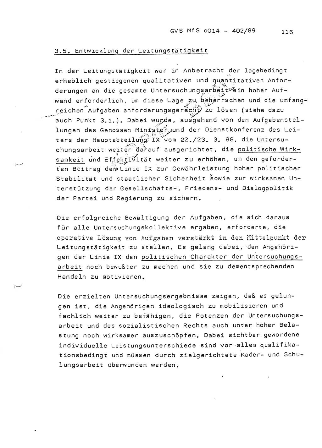 Jahresbericht der Hauptabteilung (HA) Ⅸ 1988, Einschätzung der Wirksamkeit der Untersuchungsarbeit und Leitungstätigkeit im Jahre 1988, Ministerium für Staatssicherheit (MfS) der Deutschen Demokratischen Republik (DDR), Hauptabteilung Ⅸ, Geheime Verschlußsache (GVS) o014-402/89, Berlin 1989, Seite 116 (Einsch. MfS DDR HA Ⅸ GVS o014-402/89 1988, S. 116)