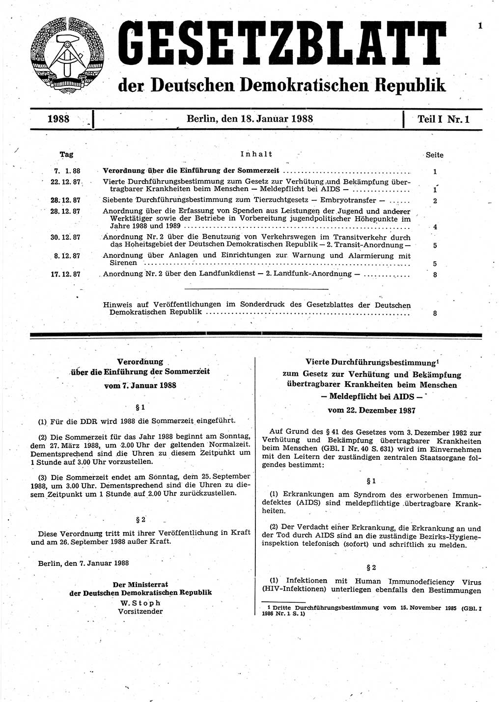 Gesetzblatt (GBl.) der Deutschen Demokratischen Republik (DDR) Teil Ⅰ 1988, Seite 1 (GBl. DDR Ⅰ 1988, S. 1)