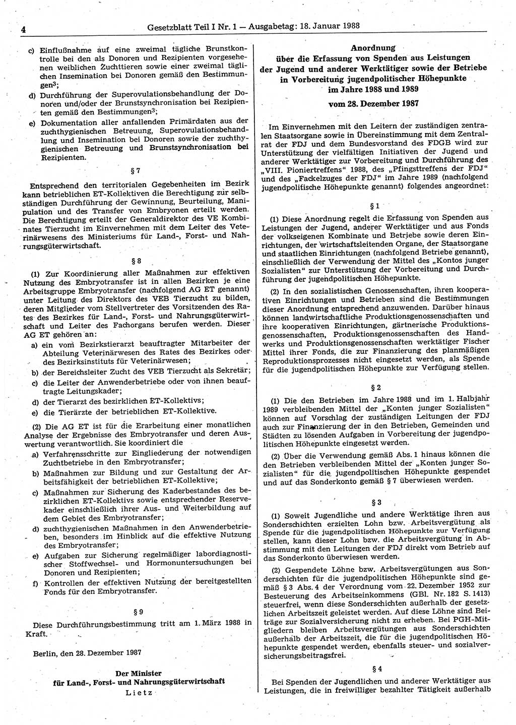 Gesetzblatt (GBl.) der Deutschen Demokratischen Republik (DDR) Teil Ⅰ 1988, Seite 4 (GBl. DDR Ⅰ 1988, S. 4)