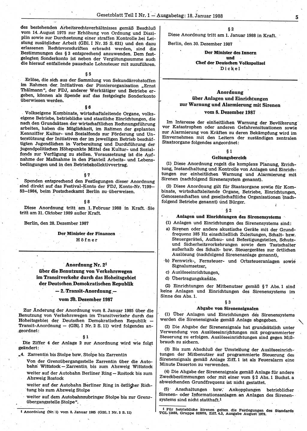 Gesetzblatt (GBl.) der Deutschen Demokratischen Republik (DDR) Teil Ⅰ 1988, Seite 5 (GBl. DDR Ⅰ 1988, S. 5)