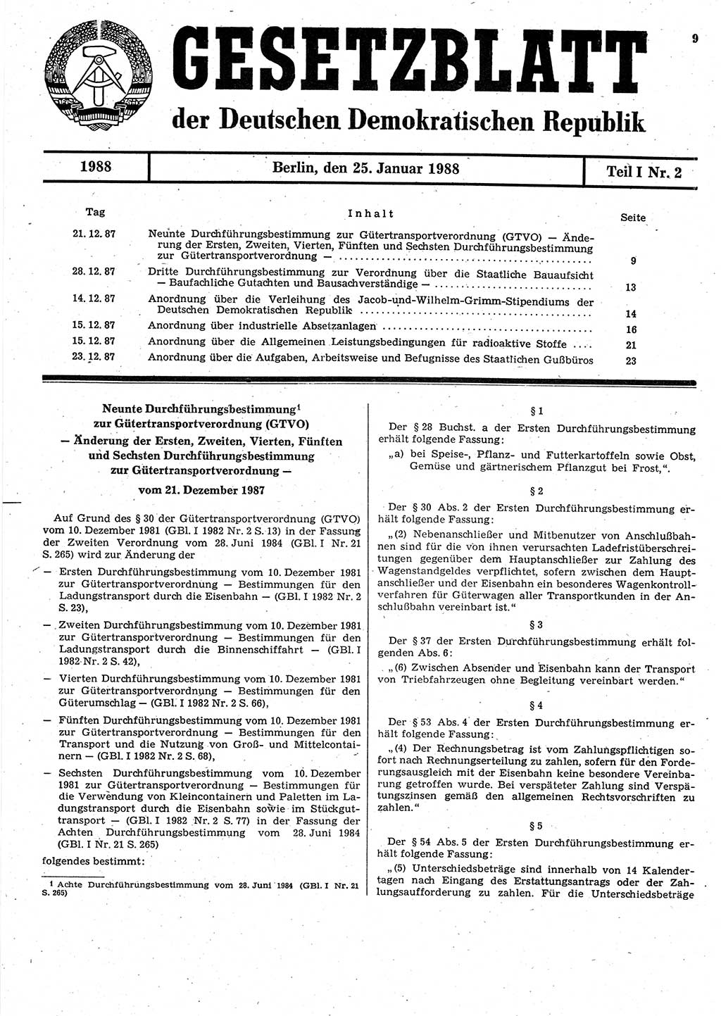 Gesetzblatt (GBl.) der Deutschen Demokratischen Republik (DDR) Teil Ⅰ 1988, Seite 9 (GBl. DDR Ⅰ 1988, S. 9)