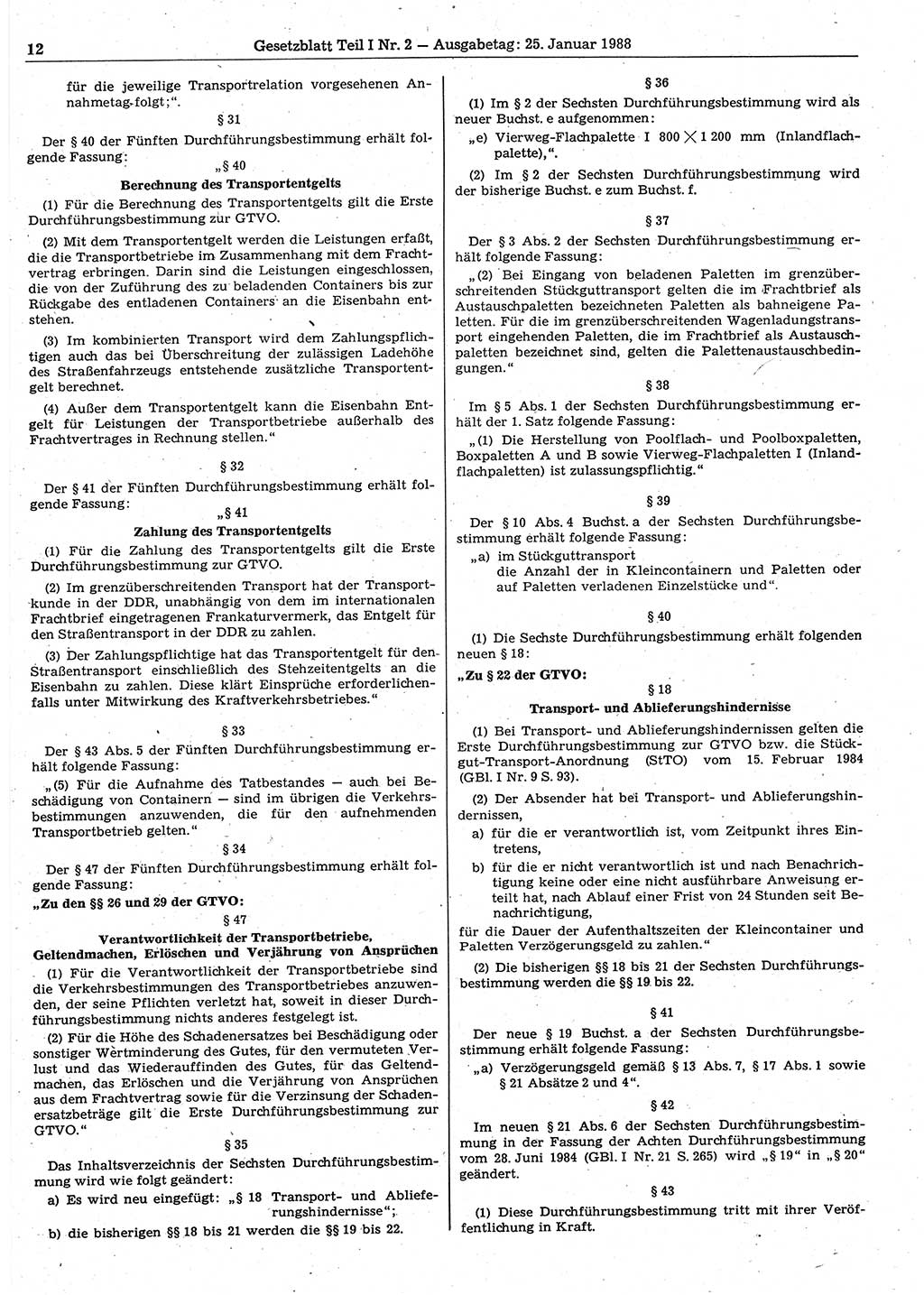 Gesetzblatt (GBl.) der Deutschen Demokratischen Republik (DDR) Teil Ⅰ 1988, Seite 12 (GBl. DDR Ⅰ 1988, S. 12)