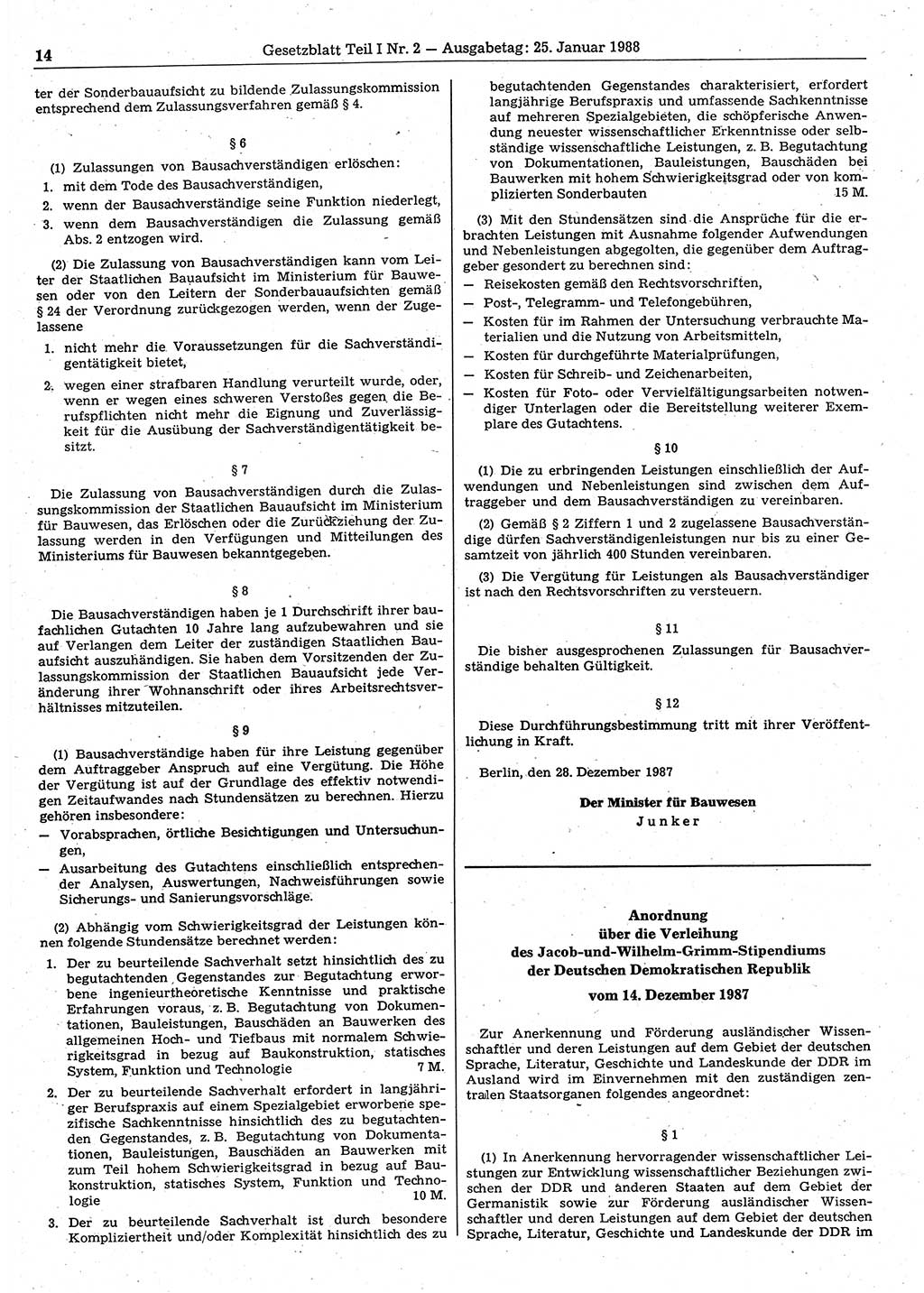 Gesetzblatt (GBl.) der Deutschen Demokratischen Republik (DDR) Teil Ⅰ 1988, Seite 14 (GBl. DDR Ⅰ 1988, S. 14)