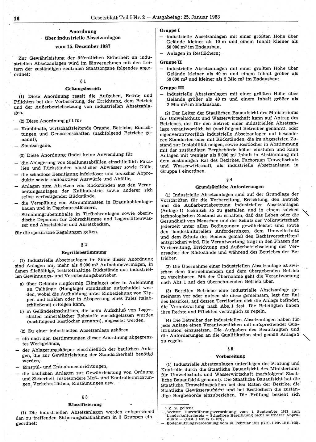 Gesetzblatt (GBl.) der Deutschen Demokratischen Republik (DDR) Teil Ⅰ 1988, Seite 16 (GBl. DDR Ⅰ 1988, S. 16)
