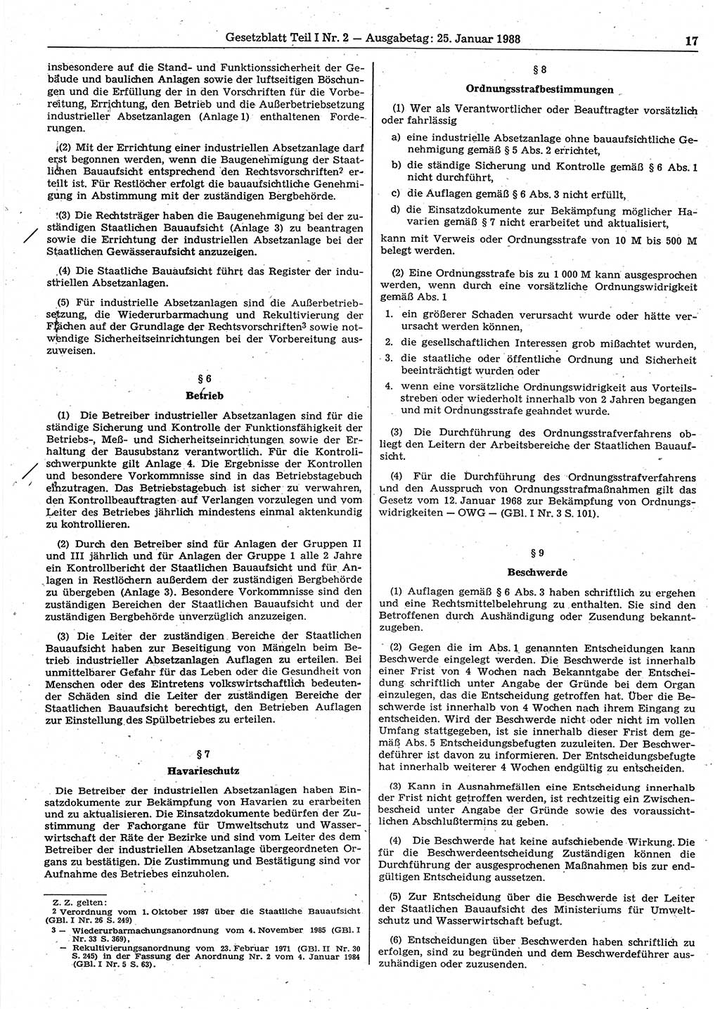 Gesetzblatt (GBl.) der Deutschen Demokratischen Republik (DDR) Teil Ⅰ 1988, Seite 17 (GBl. DDR Ⅰ 1988, S. 17)