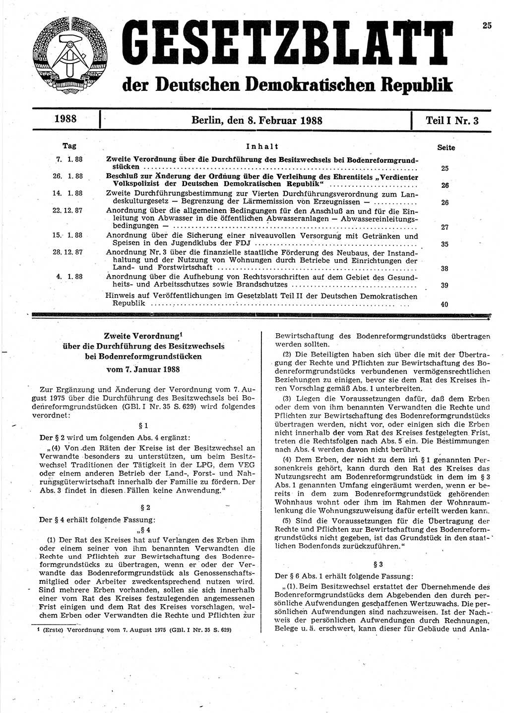 Gesetzblatt (GBl.) der Deutschen Demokratischen Republik (DDR) Teil Ⅰ 1988, Seite 25 (GBl. DDR Ⅰ 1988, S. 25)