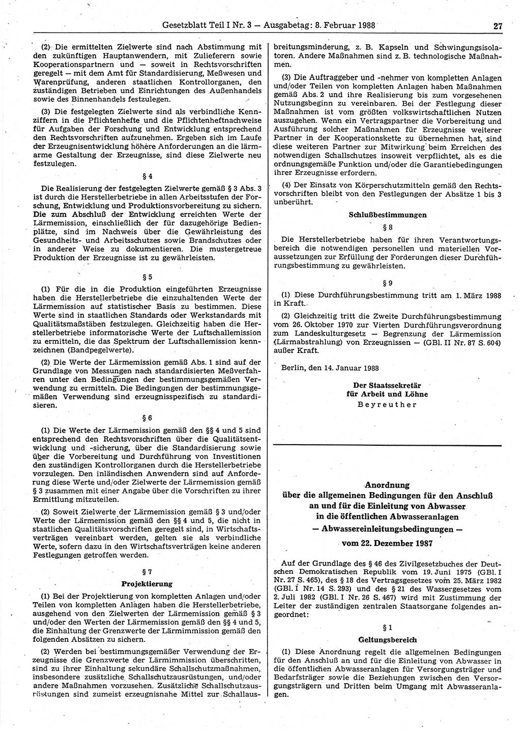Gesetzblatt (GBl.) der Deutschen Demokratischen Republik (DDR) Teil Ⅰ 1988, Seite 27 (GBl. DDR Ⅰ 1988, S. 27)