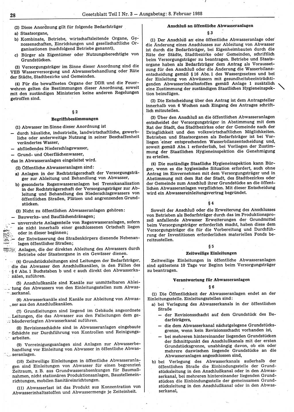 Gesetzblatt (GBl.) der Deutschen Demokratischen Republik (DDR) Teil Ⅰ 1988, Seite 28 (GBl. DDR Ⅰ 1988, S. 28)