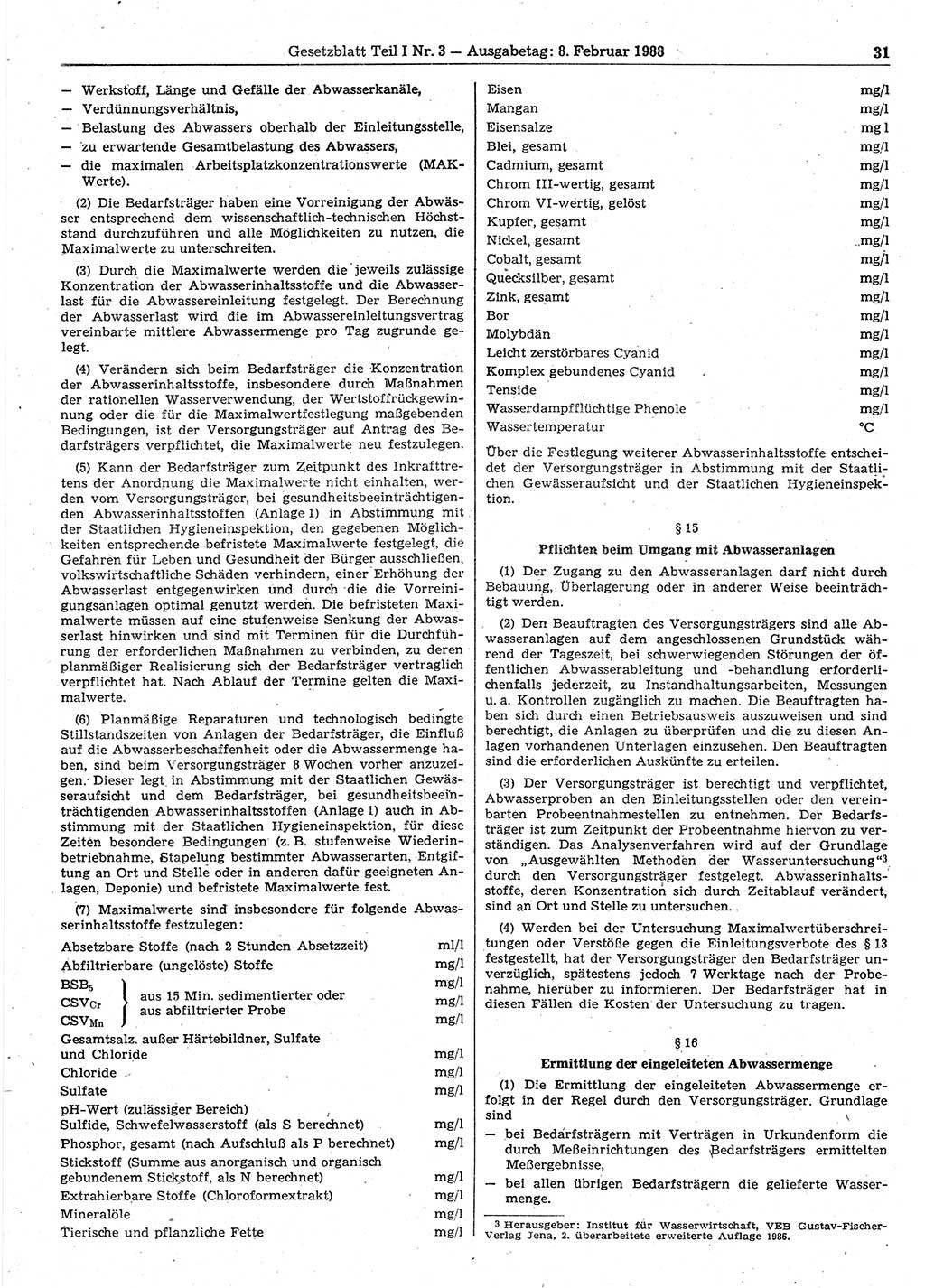 Gesetzblatt (GBl.) der Deutschen Demokratischen Republik (DDR) Teil Ⅰ 1988, Seite 31 (GBl. DDR Ⅰ 1988, S. 31)