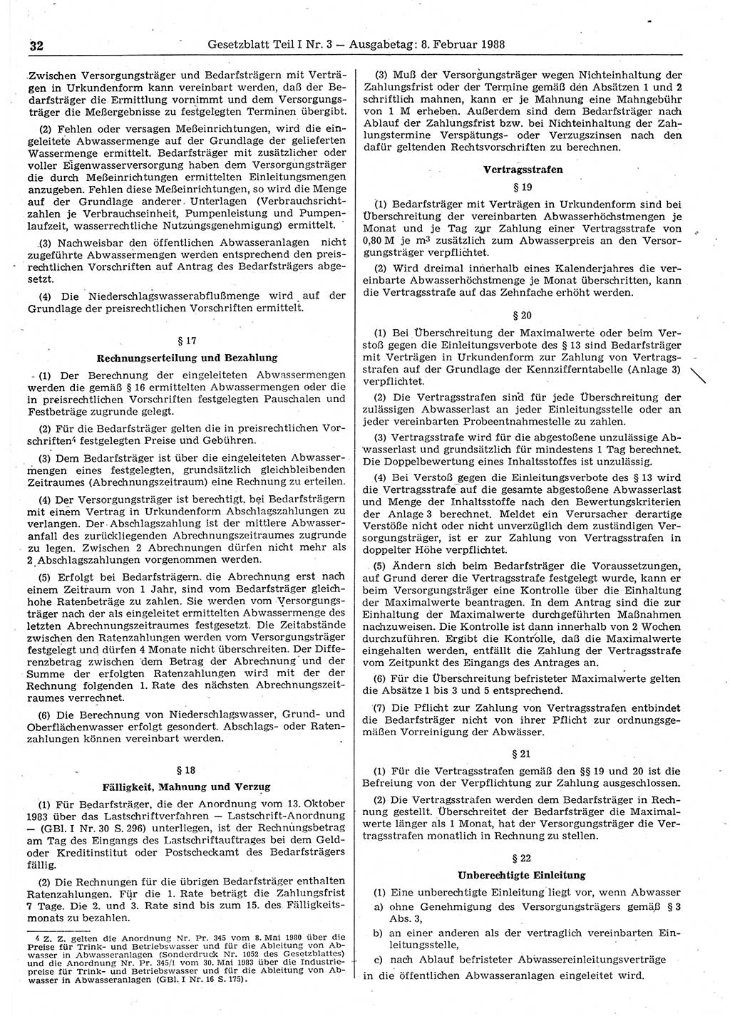 Gesetzblatt (GBl.) der Deutschen Demokratischen Republik (DDR) Teil Ⅰ 1988, Seite 32 (GBl. DDR Ⅰ 1988, S. 32)
