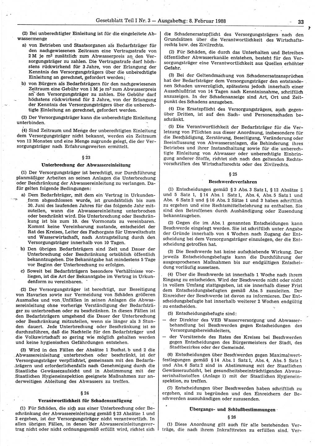 Gesetzblatt (GBl.) der Deutschen Demokratischen Republik (DDR) Teil Ⅰ 1988, Seite 33 (GBl. DDR Ⅰ 1988, S. 33)