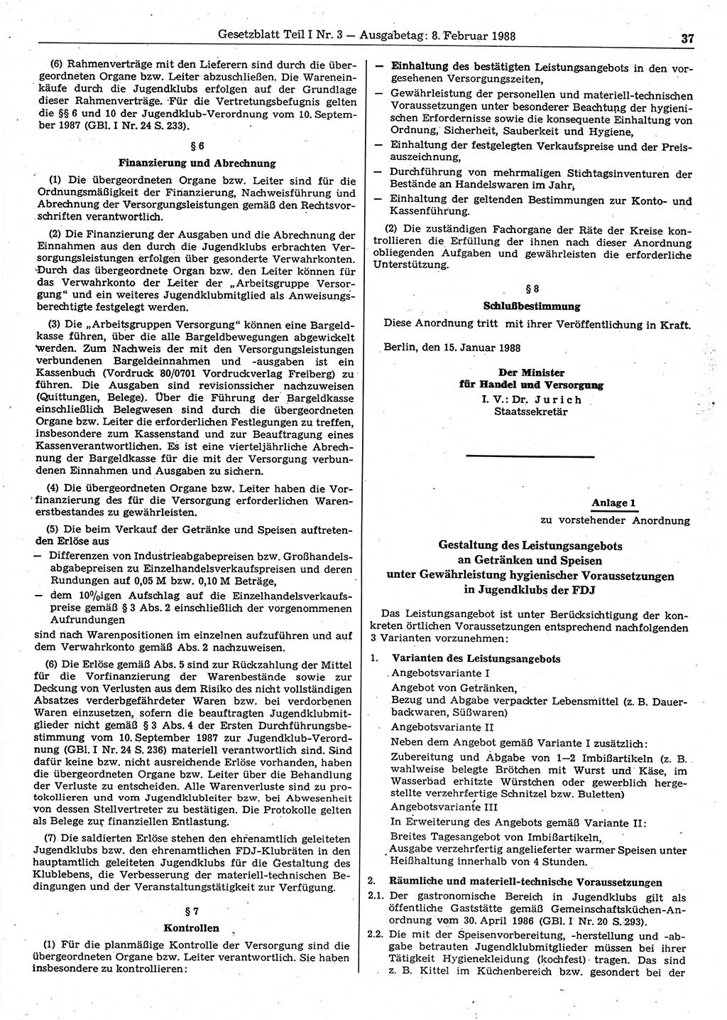 Gesetzblatt (GBl.) der Deutschen Demokratischen Republik (DDR) Teil Ⅰ 1988, Seite 37 (GBl. DDR Ⅰ 1988, S. 37)