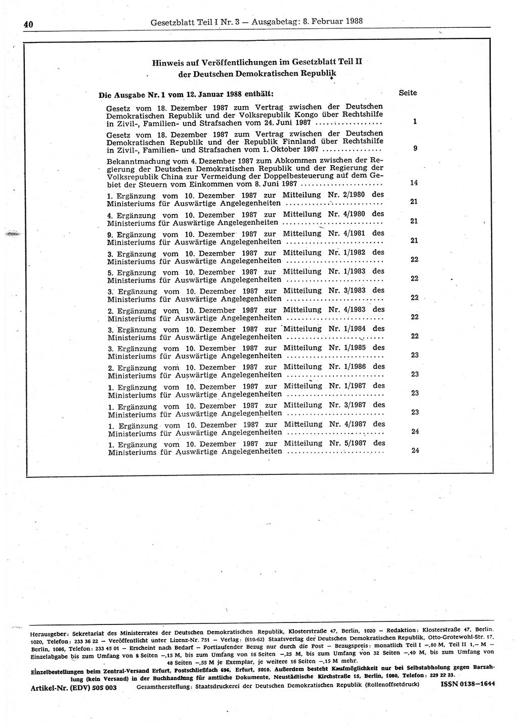 Gesetzblatt (GBl.) der Deutschen Demokratischen Republik (DDR) Teil Ⅰ 1988, Seite 40 (GBl. DDR Ⅰ 1988, S. 40)