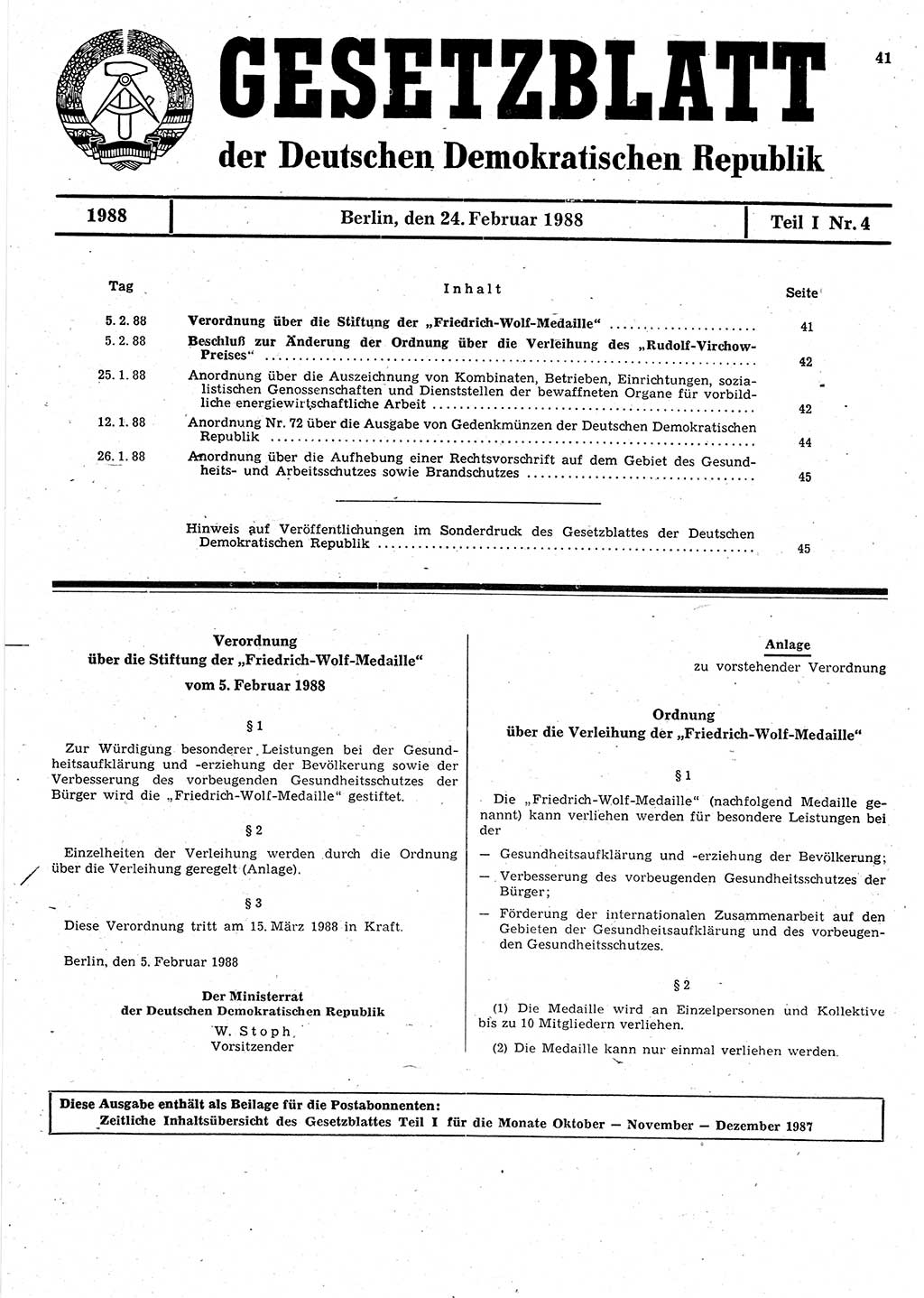 Gesetzblatt (GBl.) der Deutschen Demokratischen Republik (DDR) Teil Ⅰ 1988, Seite 41 (GBl. DDR Ⅰ 1988, S. 41)