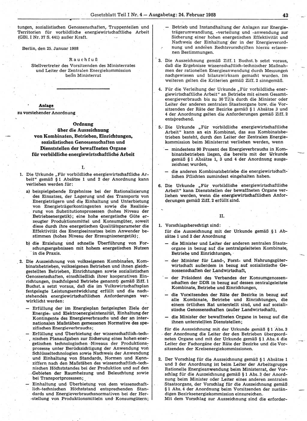 Gesetzblatt (GBl.) der Deutschen Demokratischen Republik (DDR) Teil Ⅰ 1988, Seite 43 (GBl. DDR Ⅰ 1988, S. 43)