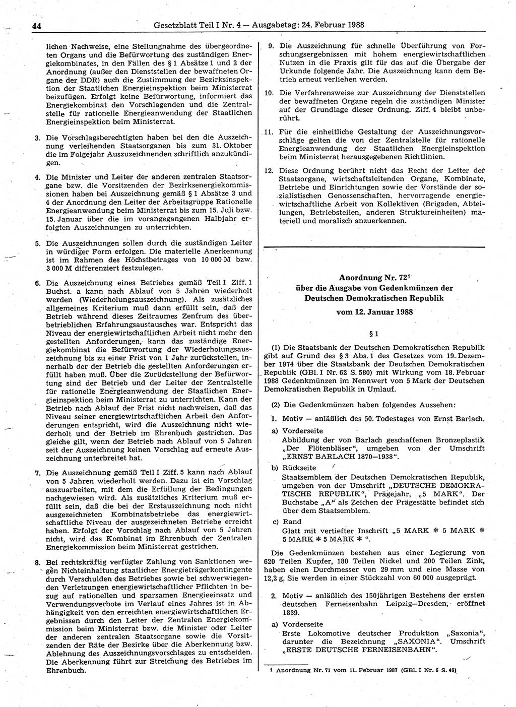 Gesetzblatt (GBl.) der Deutschen Demokratischen Republik (DDR) Teil Ⅰ 1988, Seite 44 (GBl. DDR Ⅰ 1988, S. 44)