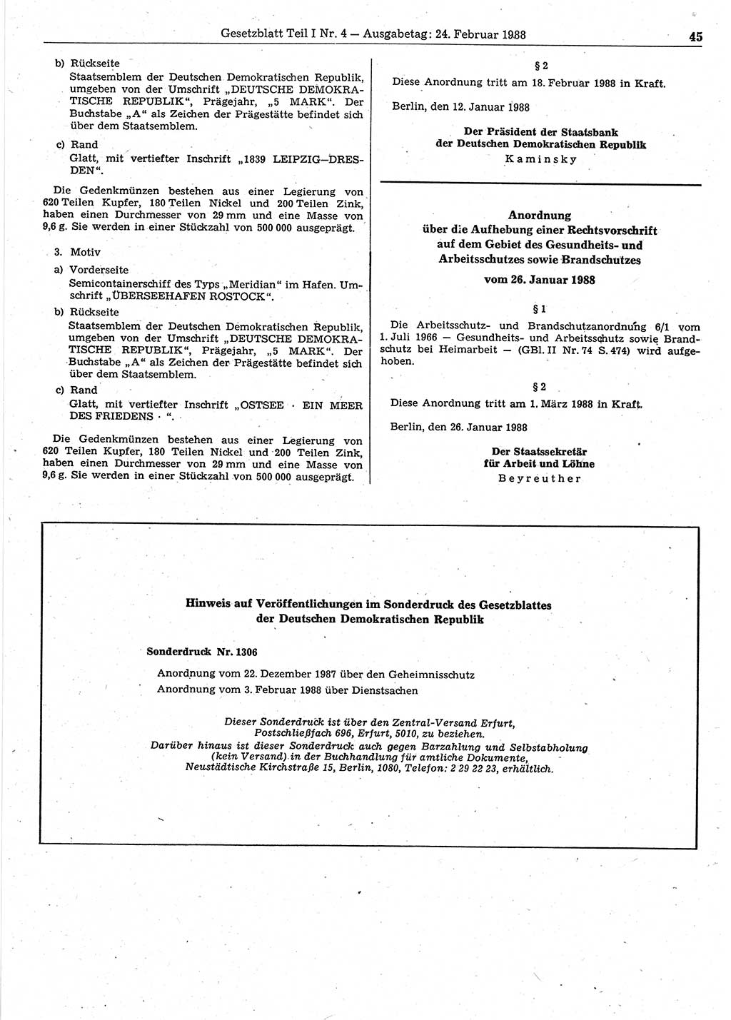 Gesetzblatt (GBl.) der Deutschen Demokratischen Republik (DDR) Teil Ⅰ 1988, Seite 45 (GBl. DDR Ⅰ 1988, S. 45)