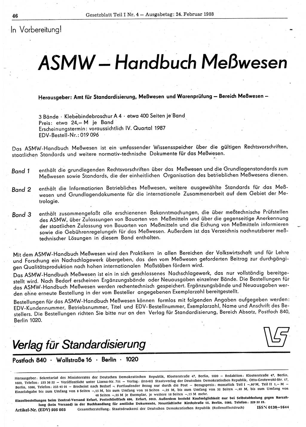Gesetzblatt (GBl.) der Deutschen Demokratischen Republik (DDR) Teil Ⅰ 1988, Seite 46 (GBl. DDR Ⅰ 1988, S. 46)