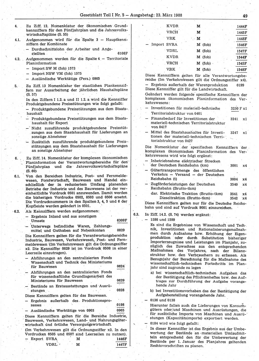 Gesetzblatt (GBl.) der Deutschen Demokratischen Republik (DDR) Teil Ⅰ 1988, Seite 49 (GBl. DDR Ⅰ 1988, S. 49)