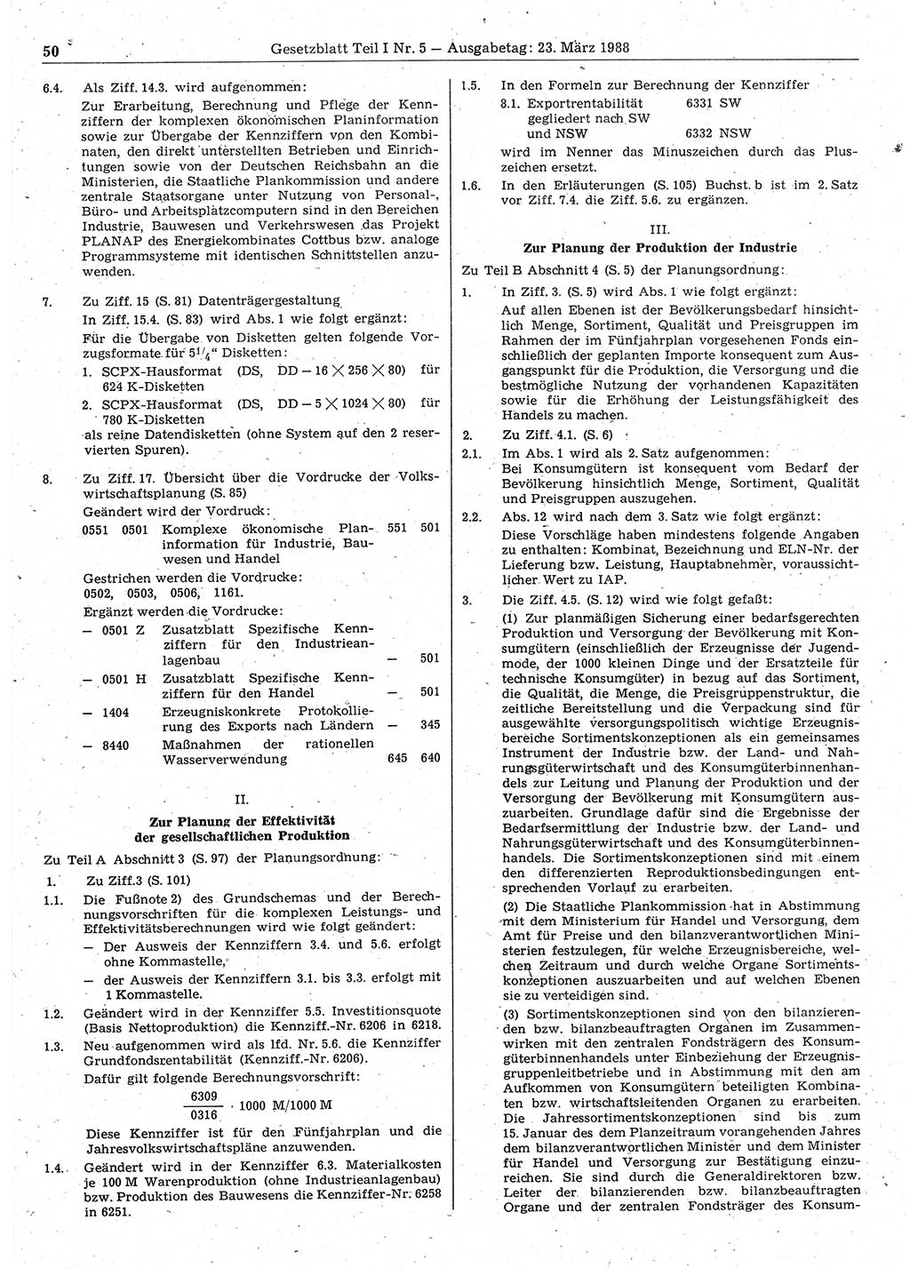 Gesetzblatt (GBl.) der Deutschen Demokratischen Republik (DDR) Teil Ⅰ 1988, Seite 50 (GBl. DDR Ⅰ 1988, S. 50)