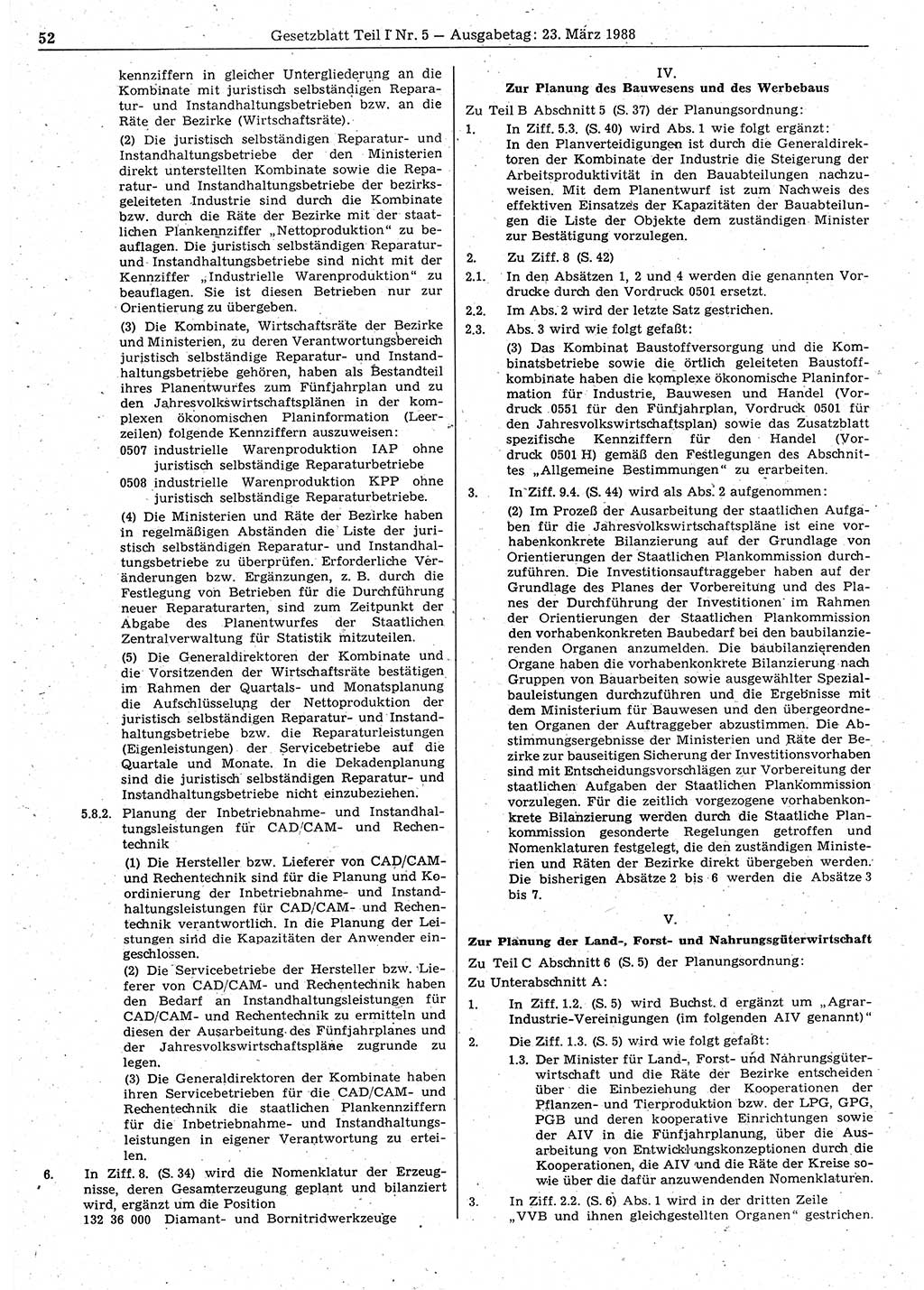 Gesetzblatt (GBl.) der Deutschen Demokratischen Republik (DDR) Teil Ⅰ 1988, Seite 52 (GBl. DDR Ⅰ 1988, S. 52)