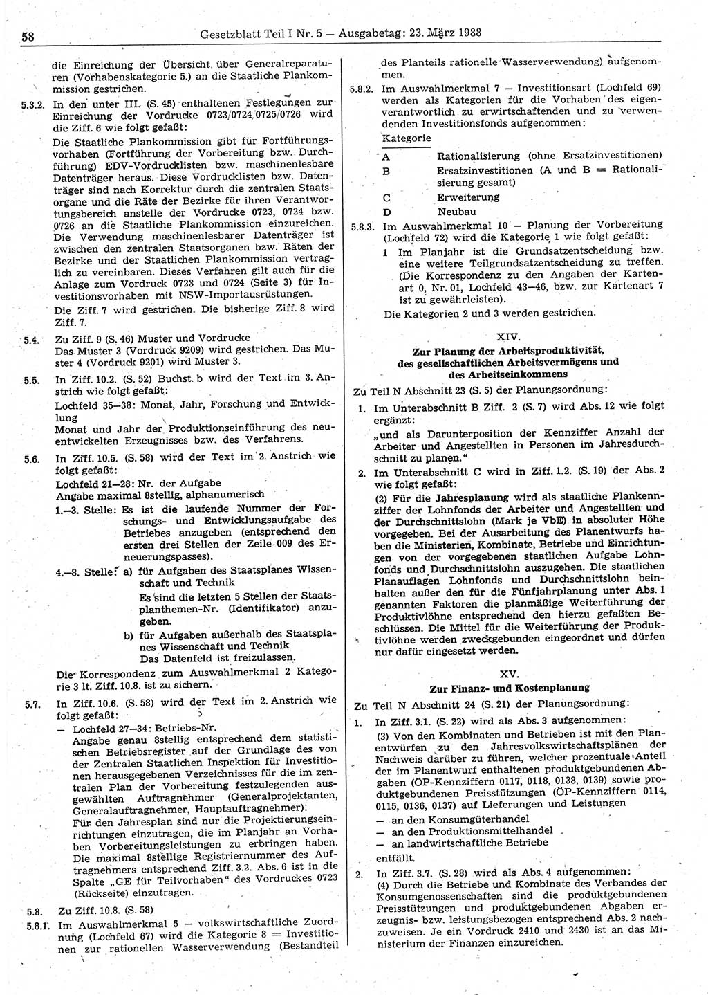 Gesetzblatt (GBl.) der Deutschen Demokratischen Republik (DDR) Teil Ⅰ 1988, Seite 58 (GBl. DDR Ⅰ 1988, S. 58)