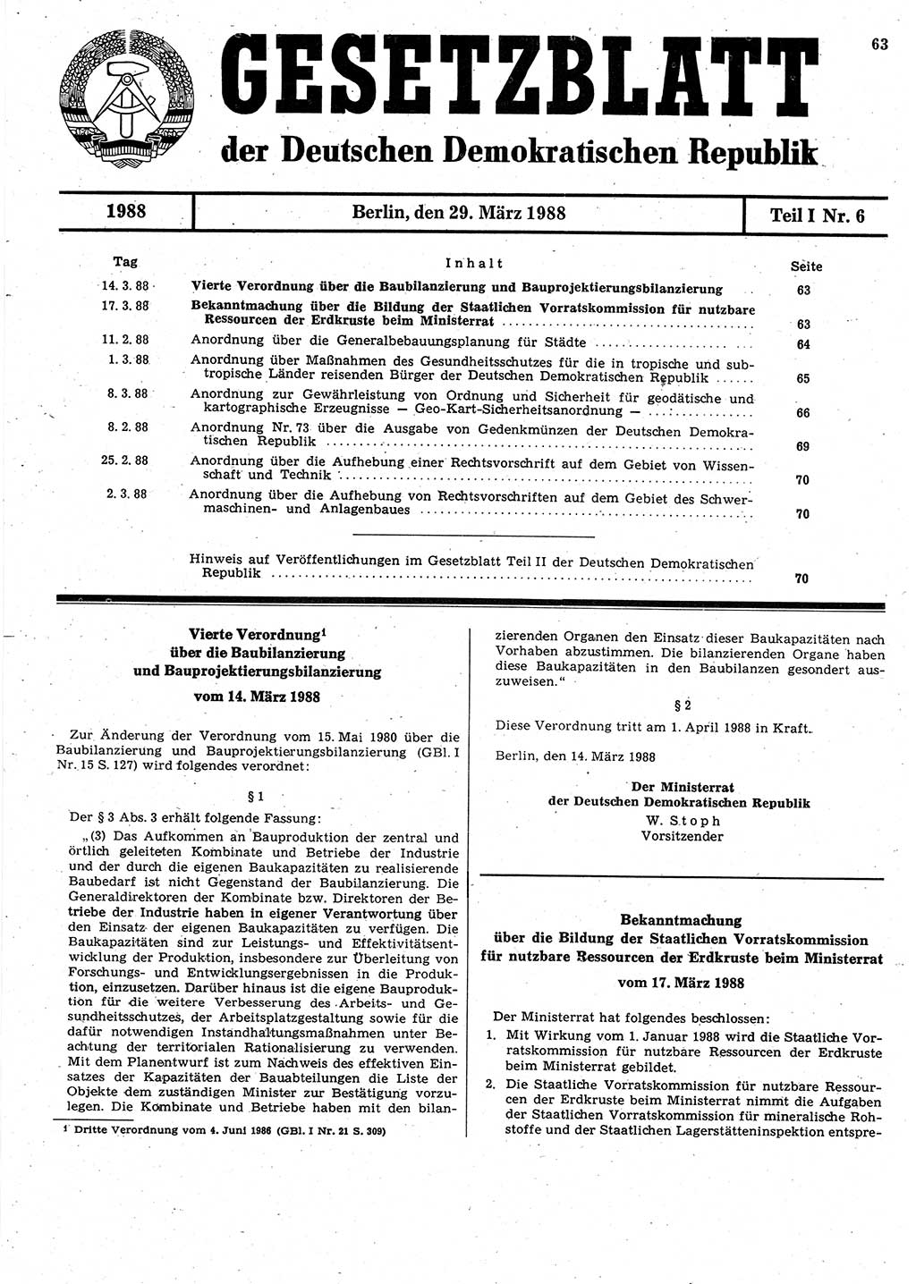 Gesetzblatt (GBl.) der Deutschen Demokratischen Republik (DDR) Teil Ⅰ 1988, Seite 63 (GBl. DDR Ⅰ 1988, S. 63)