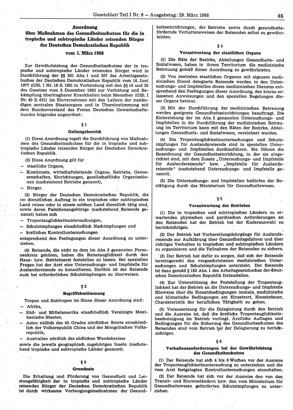Gesetzblatt (GBl.) der Deutschen Demokratischen Republik (DDR) Teil Ⅰ 1988, Seite 65 (GBl. DDR Ⅰ 1988, S. 65)