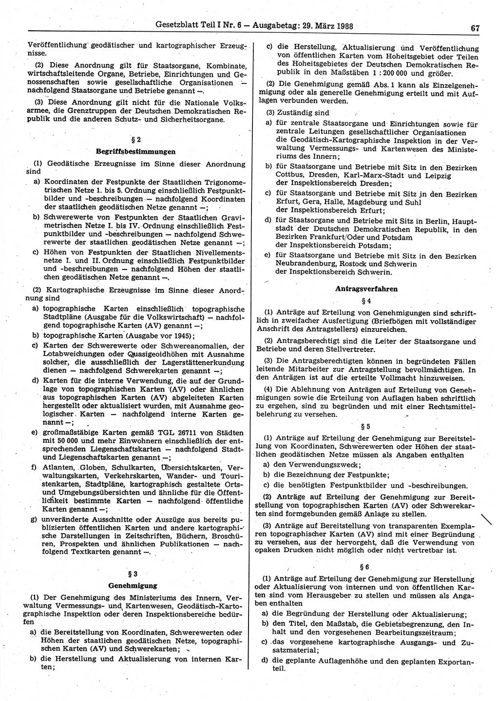 Gesetzblatt (GBl.) der Deutschen Demokratischen Republik (DDR) Teil Ⅰ 1988, Seite 67 (GBl. DDR Ⅰ 1988, S. 67)