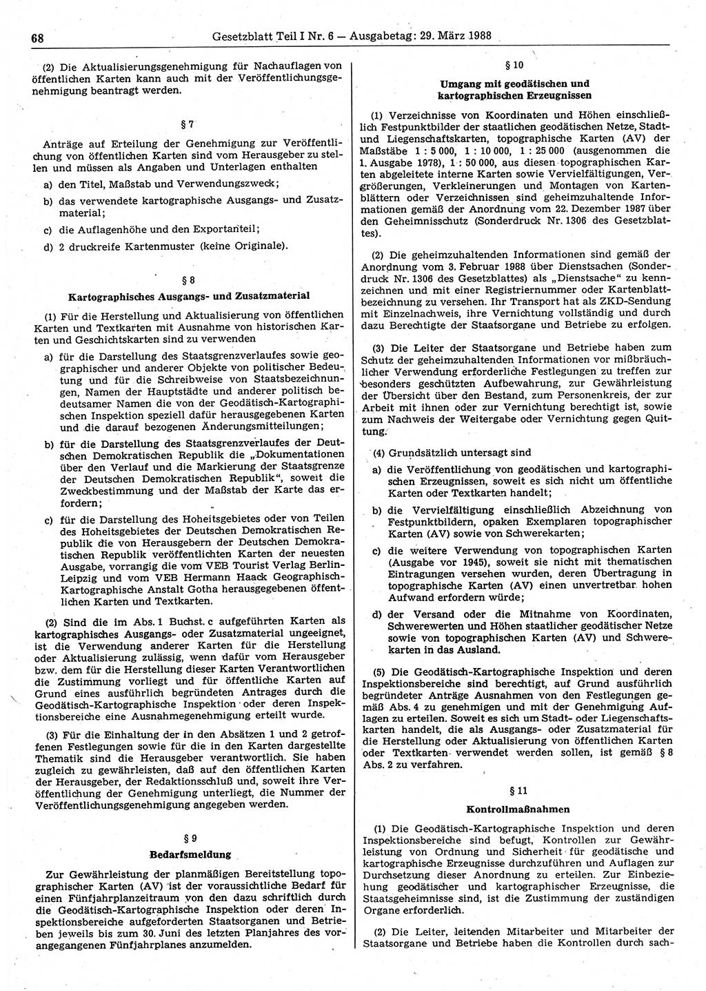 Gesetzblatt (GBl.) der Deutschen Demokratischen Republik (DDR) Teil Ⅰ 1988, Seite 68 (GBl. DDR Ⅰ 1988, S. 68)