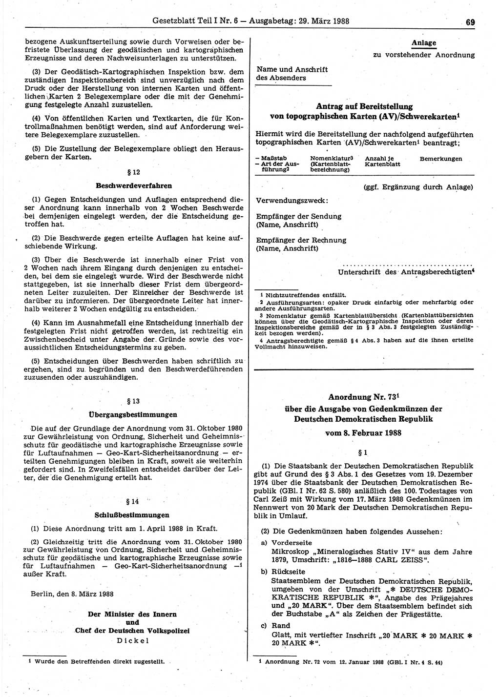 Gesetzblatt (GBl.) der Deutschen Demokratischen Republik (DDR) Teil Ⅰ 1988, Seite 69 (GBl. DDR Ⅰ 1988, S. 69)