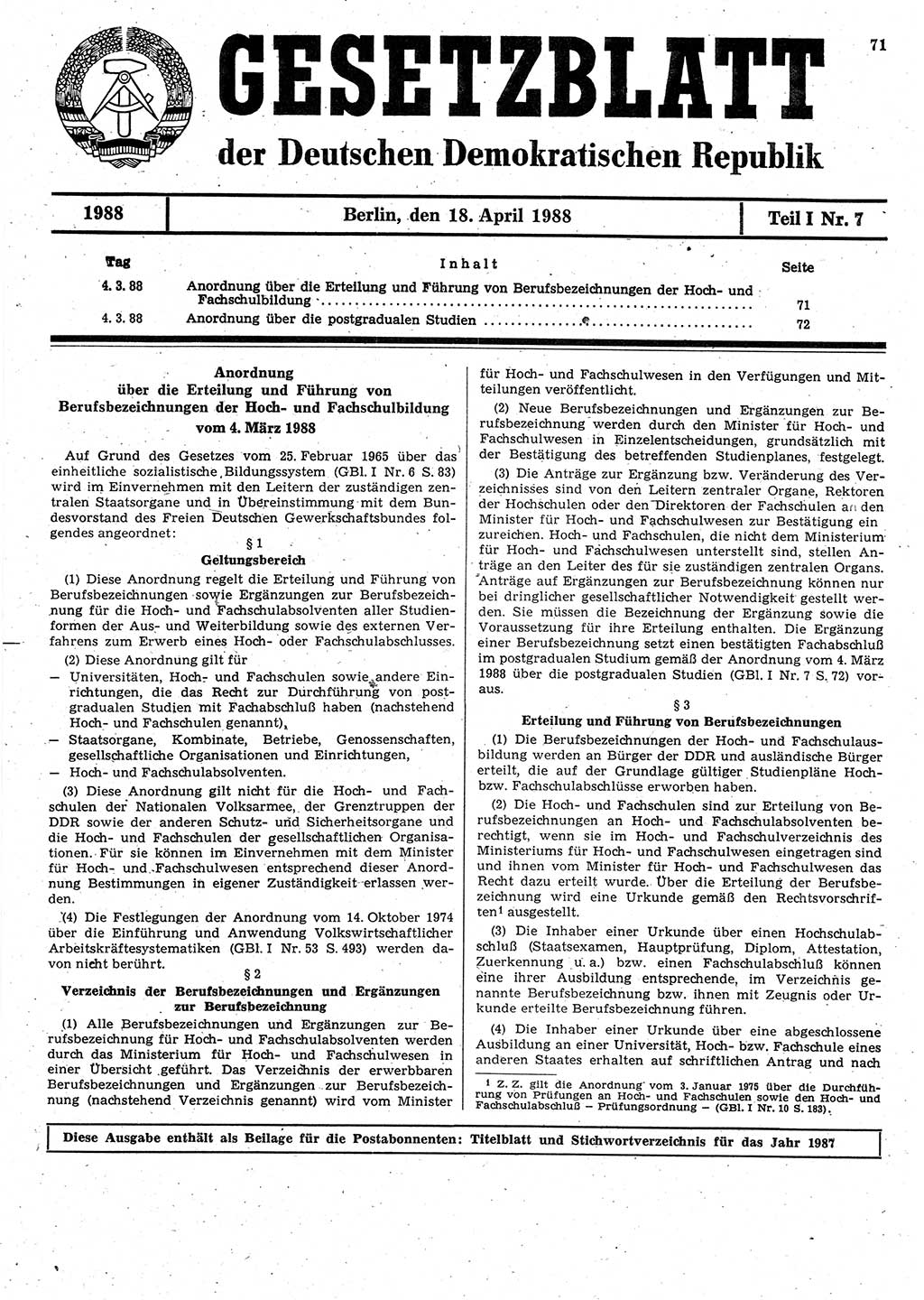 Gesetzblatt (GBl.) der Deutschen Demokratischen Republik (DDR) Teil Ⅰ 1988, Seite 71 (GBl. DDR Ⅰ 1988, S. 71)