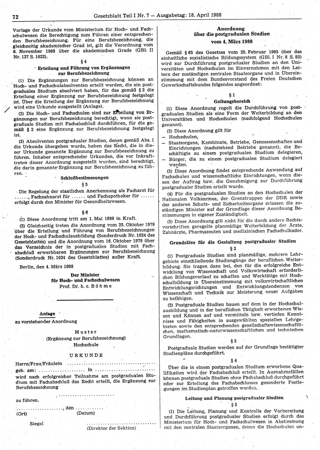 Gesetzblatt (GBl.) der Deutschen Demokratischen Republik (DDR) Teil Ⅰ 1988, Seite 72 (GBl. DDR Ⅰ 1988, S. 72)