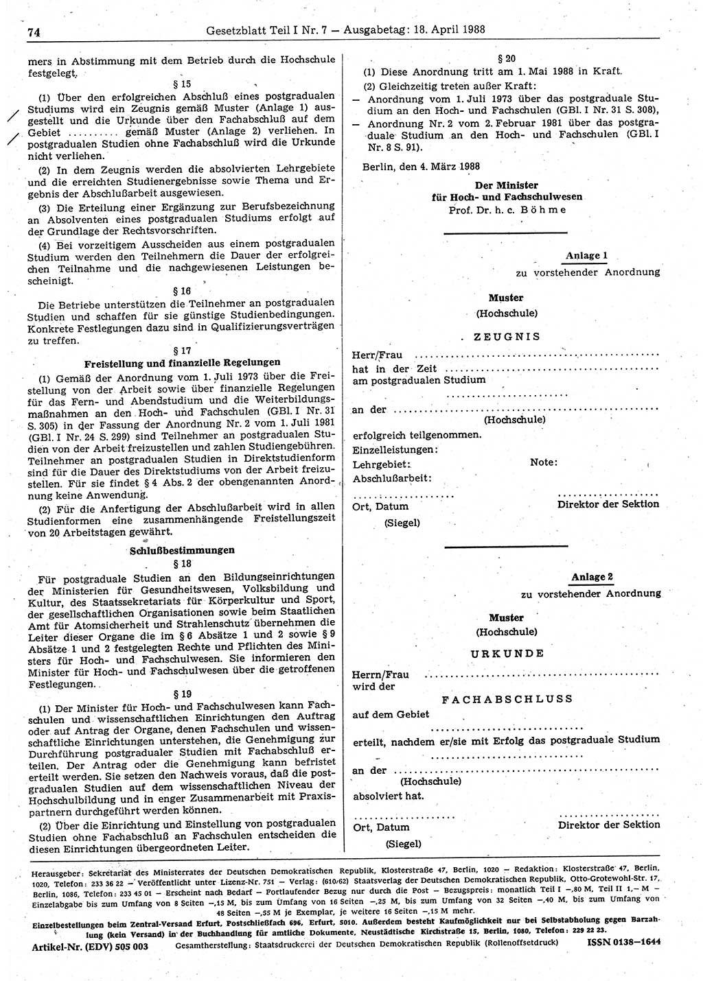 Gesetzblatt (GBl.) der Deutschen Demokratischen Republik (DDR) Teil Ⅰ 1988, Seite 74 (GBl. DDR Ⅰ 1988, S. 74)