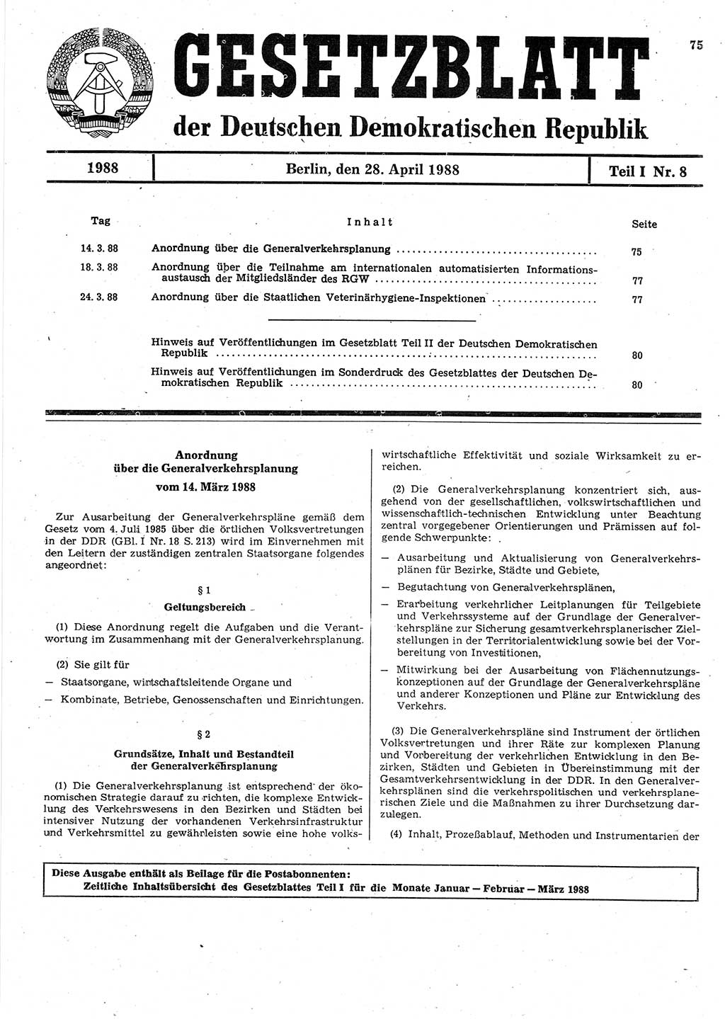 Gesetzblatt (GBl.) der Deutschen Demokratischen Republik (DDR) Teil Ⅰ 1988, Seite 75 (GBl. DDR Ⅰ 1988, S. 75)