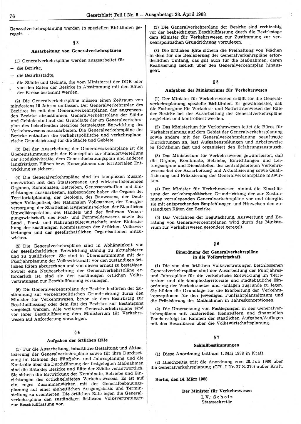 Gesetzblatt (GBl.) der Deutschen Demokratischen Republik (DDR) Teil Ⅰ 1988, Seite 76 (GBl. DDR Ⅰ 1988, S. 76)