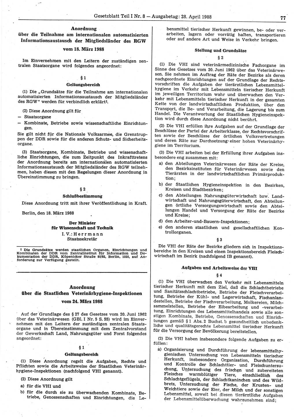 Gesetzblatt (GBl.) der Deutschen Demokratischen Republik (DDR) Teil Ⅰ 1988, Seite 77 (GBl. DDR Ⅰ 1988, S. 77)