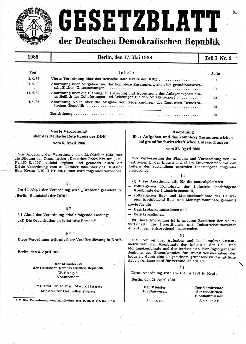 Gesetzblatt (GBl.) der Deutschen Demokratischen Republik (DDR) Teil Ⅰ 1988, Seite 81 (GBl. DDR Ⅰ 1988, S. 81)