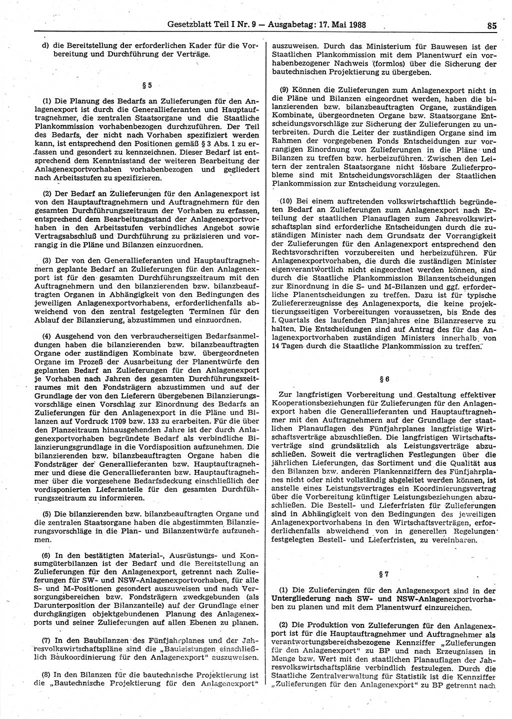 Gesetzblatt (GBl.) der Deutschen Demokratischen Republik (DDR) Teil Ⅰ 1988, Seite 85 (GBl. DDR Ⅰ 1988, S. 85)
