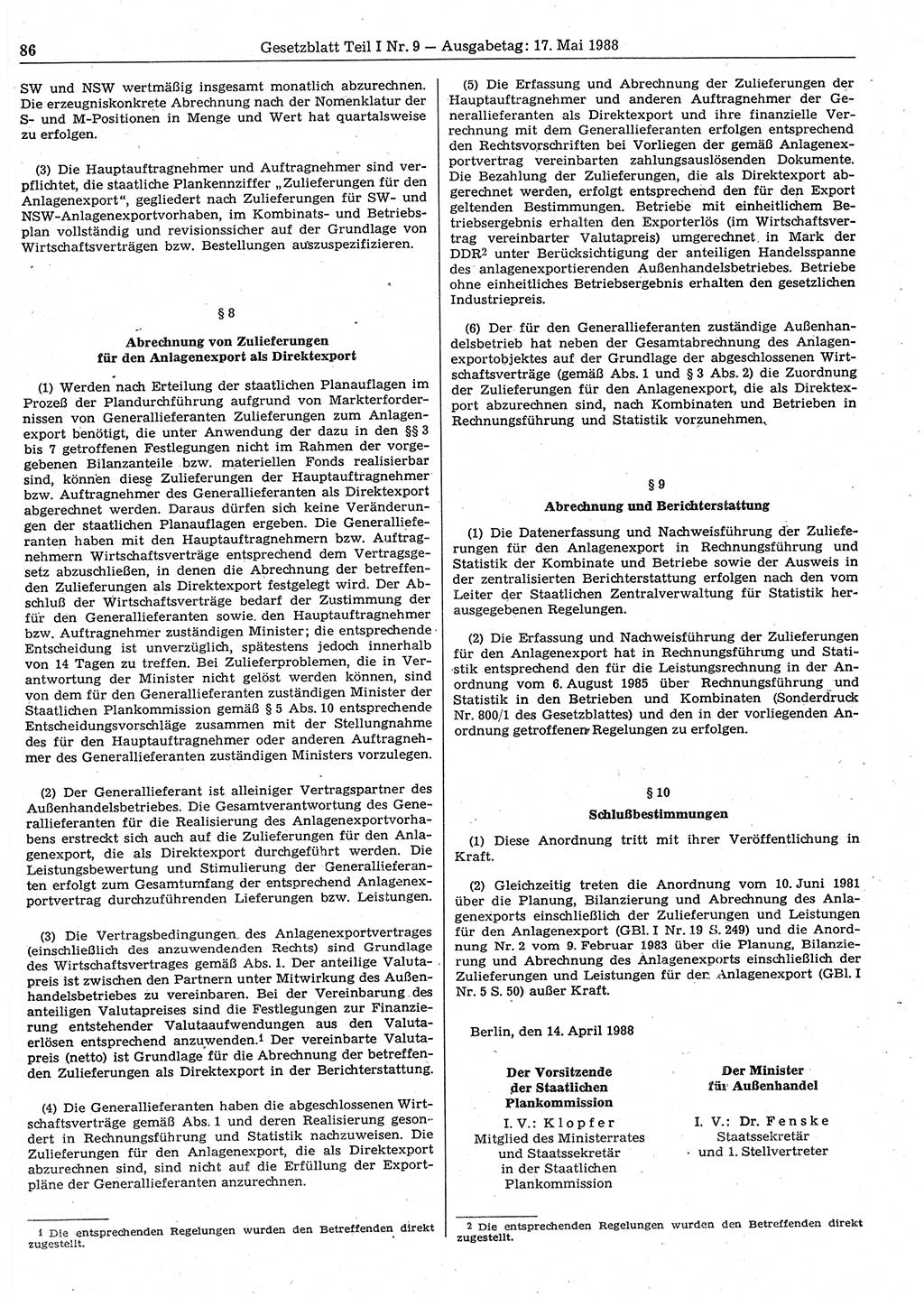 Gesetzblatt (GBl.) der Deutschen Demokratischen Republik (DDR) Teil Ⅰ 1988, Seite 86 (GBl. DDR Ⅰ 1988, S. 86)