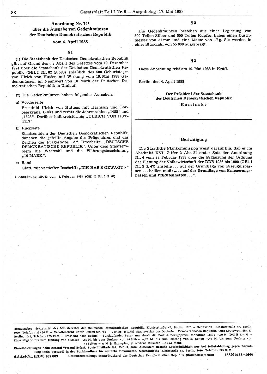 Gesetzblatt (GBl.) der Deutschen Demokratischen Republik (DDR) Teil Ⅰ 1988, Seite 88 (GBl. DDR Ⅰ 1988, S. 88)