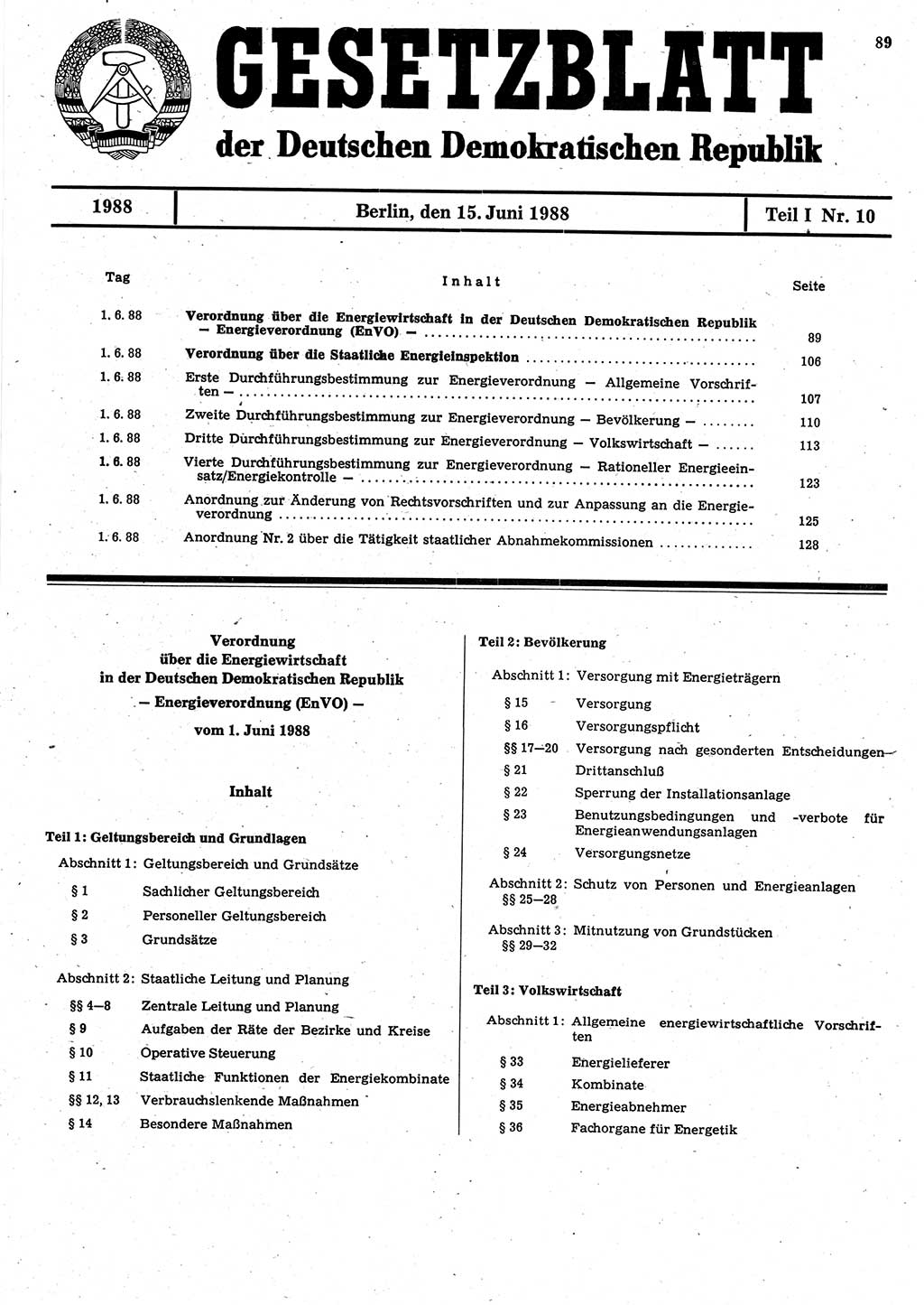 Gesetzblatt (GBl.) der Deutschen Demokratischen Republik (DDR) Teil Ⅰ 1988, Seite 89 (GBl. DDR Ⅰ 1988, S. 89)