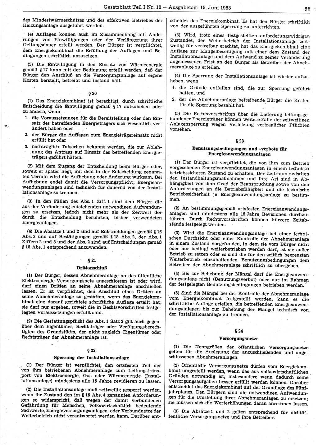 Gesetzblatt (GBl.) der Deutschen Demokratischen Republik (DDR) Teil Ⅰ 1988, Seite 95 (GBl. DDR Ⅰ 1988, S. 95)