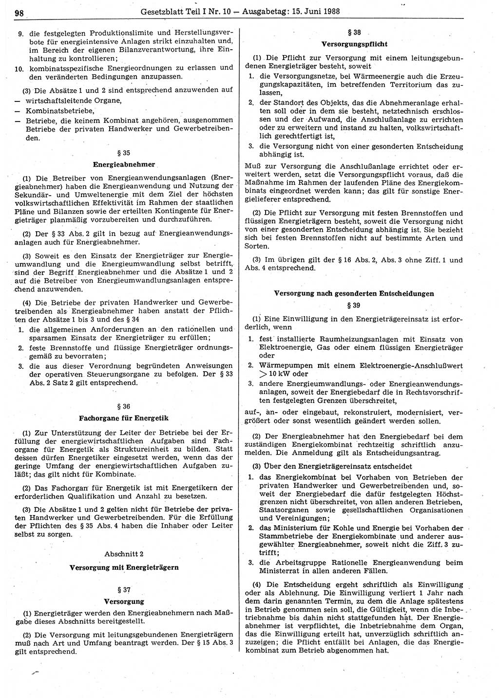Gesetzblatt (GBl.) der Deutschen Demokratischen Republik (DDR) Teil Ⅰ 1988, Seite 98 (GBl. DDR Ⅰ 1988, S. 98)
