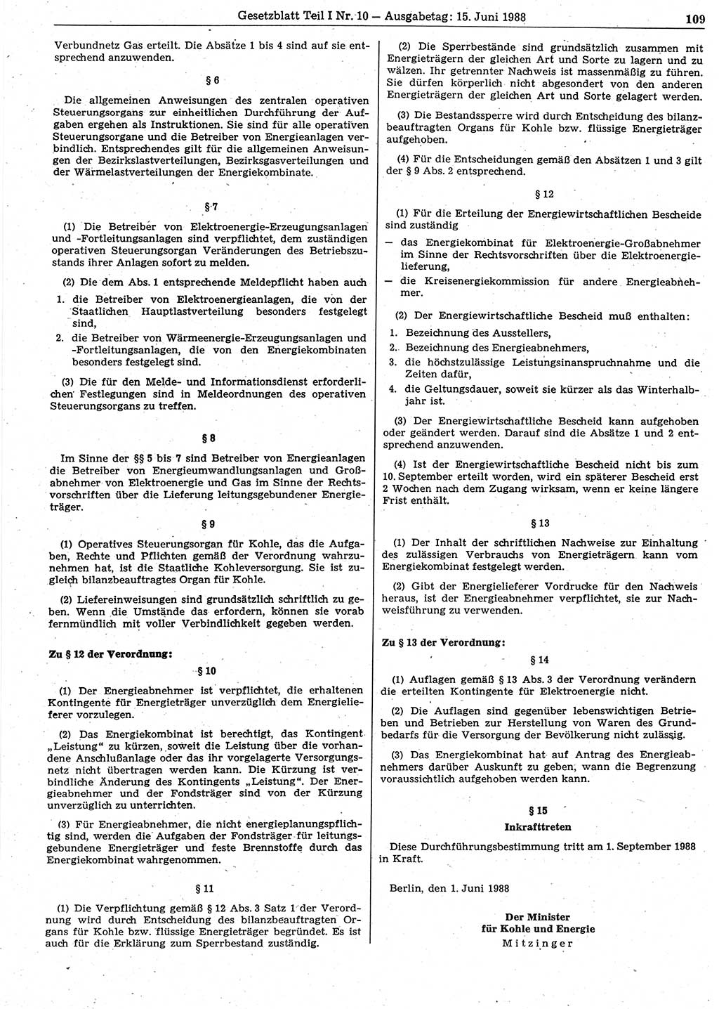 Gesetzblatt (GBl.) der Deutschen Demokratischen Republik (DDR) Teil Ⅰ 1988, Seite 109 (GBl. DDR Ⅰ 1988, S. 109)