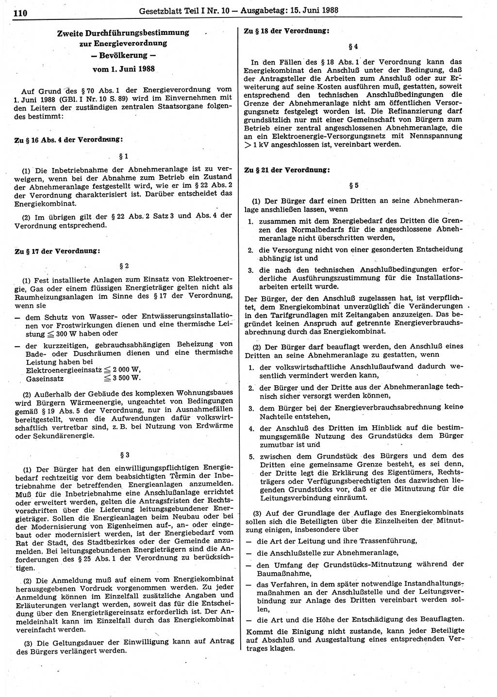 Gesetzblatt (GBl.) der Deutschen Demokratischen Republik (DDR) Teil Ⅰ 1988, Seite 110 (GBl. DDR Ⅰ 1988, S. 110)