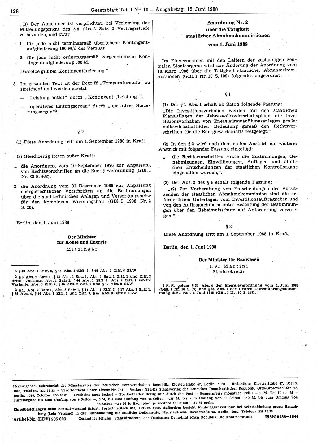 Gesetzblatt (GBl.) der Deutschen Demokratischen Republik (DDR) Teil Ⅰ 1988, Seite 128 (GBl. DDR Ⅰ 1988, S. 128)