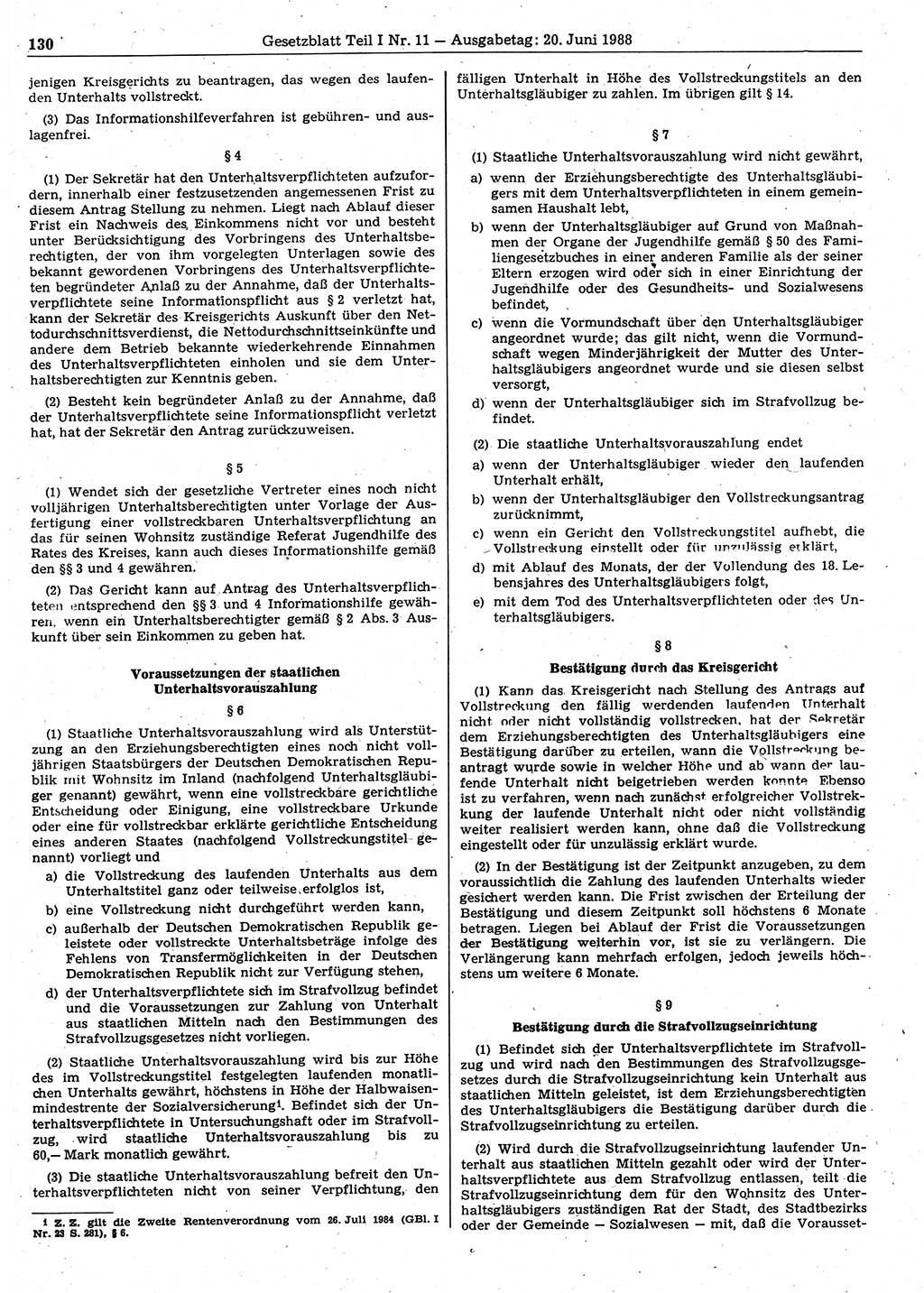 Gesetzblatt (GBl.) der Deutschen Demokratischen Republik (DDR) Teil Ⅰ 1988, Seite 130 (GBl. DDR Ⅰ 1988, S. 130)